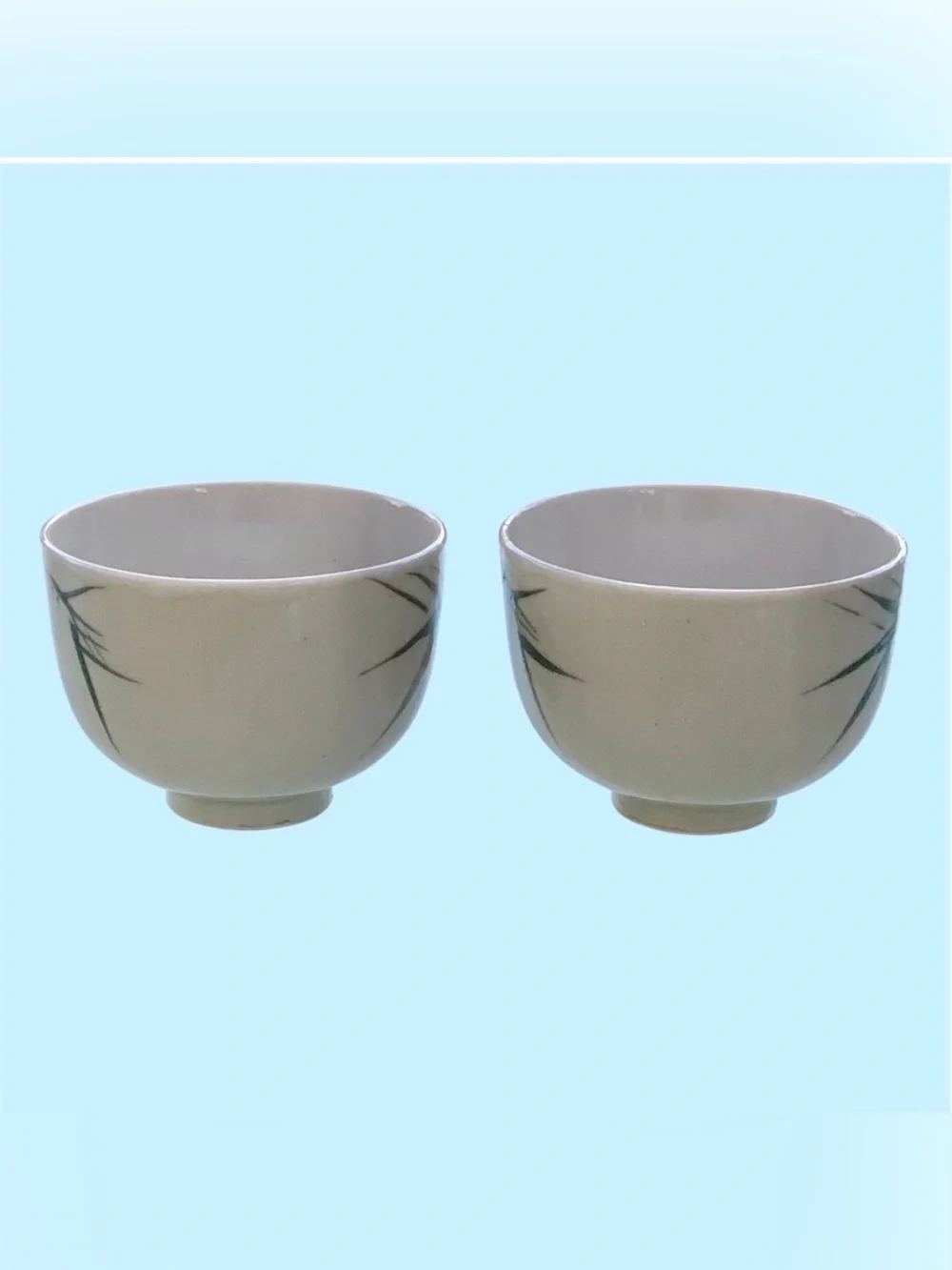 Japanese Bamboo Design Footed Porcelain Tea Cups / Soup Bowls ~ Set of 2